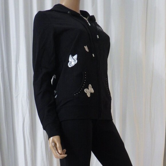 NWT BCBG sz SM MED LG XL 95% cotton BLK SILVER FOIL ROSE BUTTERFLY 2PC TRACKSUIT - Picture 11 of 15